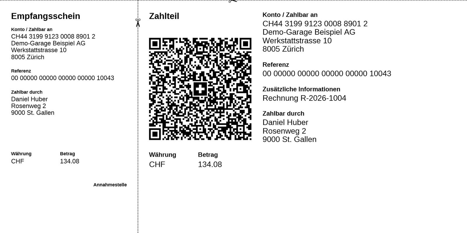 Schweizer QR-Zahlteil einer Werkpult-Rechnung mit Empfangsschein, QR-Code, Referenz und Betrag in CHF